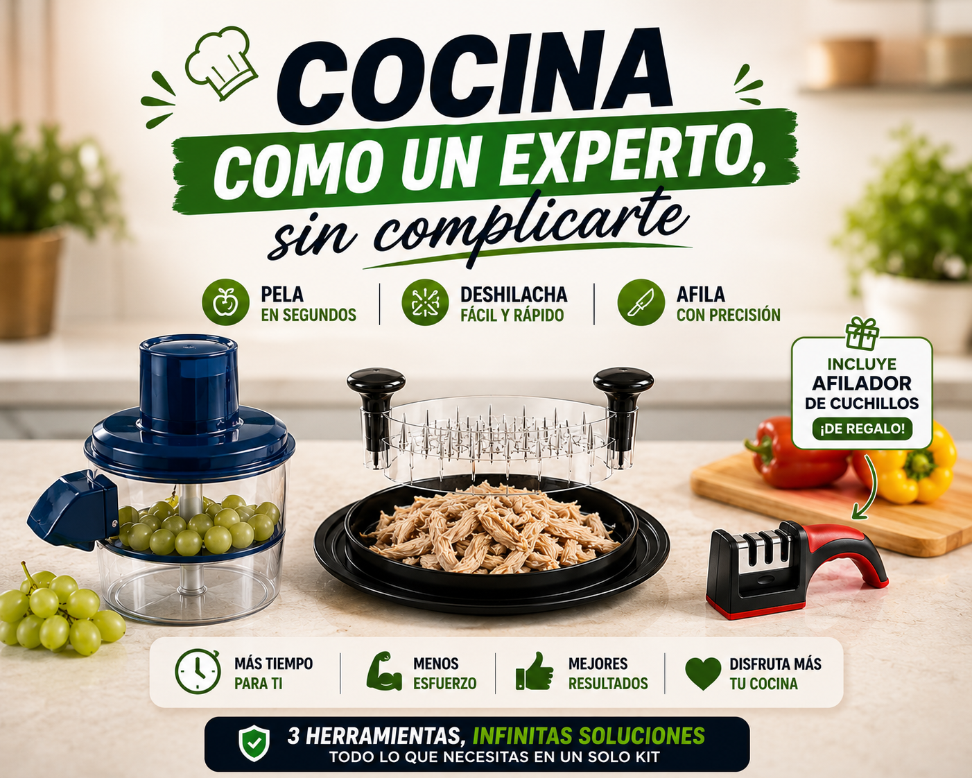Kit Maestro de cocina 3 en 1 / Corta, deshilacha y afila en segundos