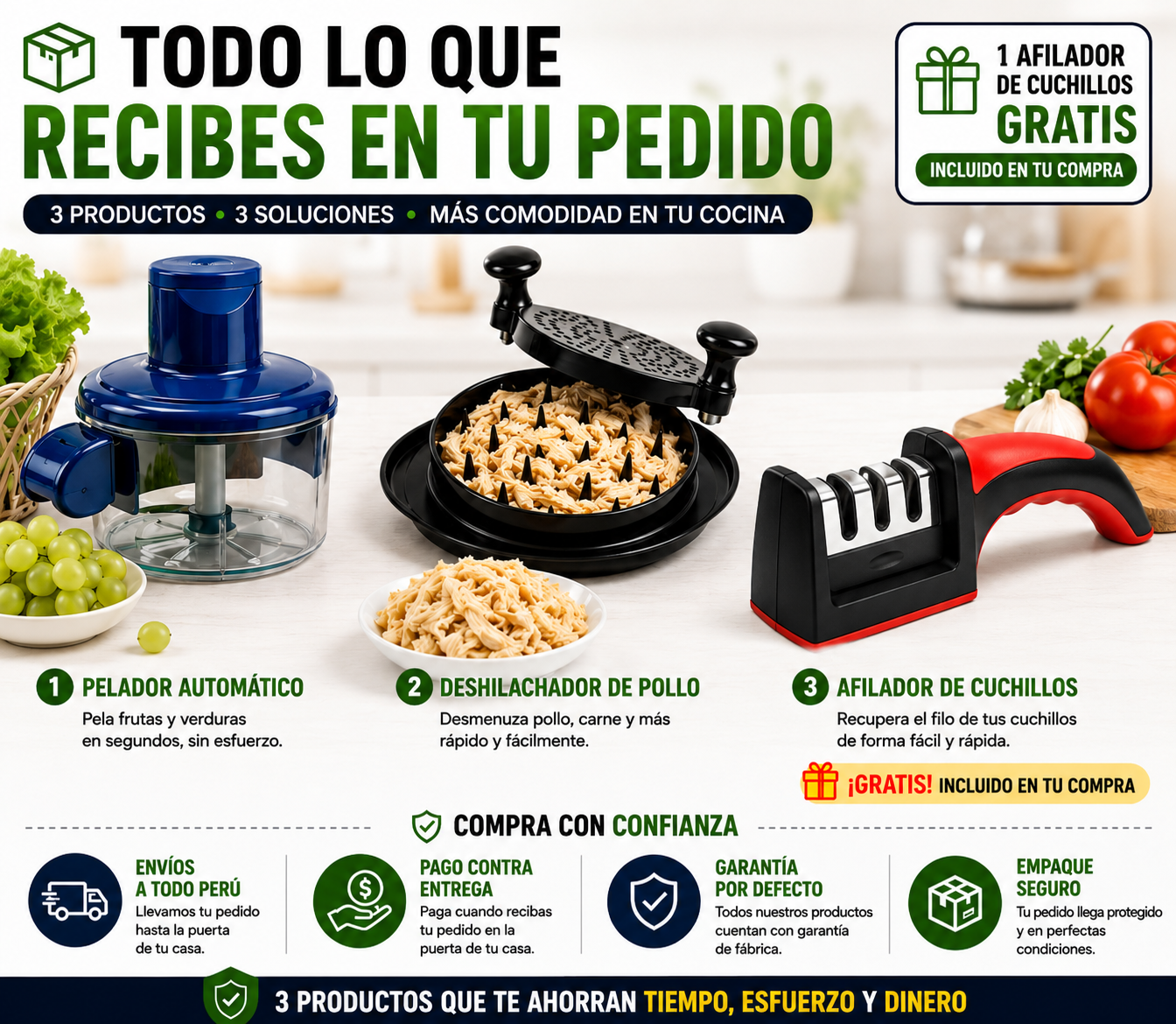 Kit Maestro de cocina 3 en 1 / Corta, deshilacha y afila en segundos