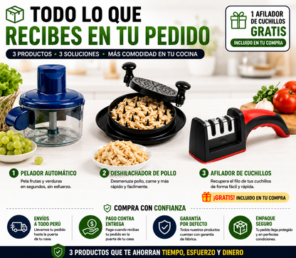 Kit Maestro de cocina 3 en 1 / Corta, deshilacha y afila en segundos
