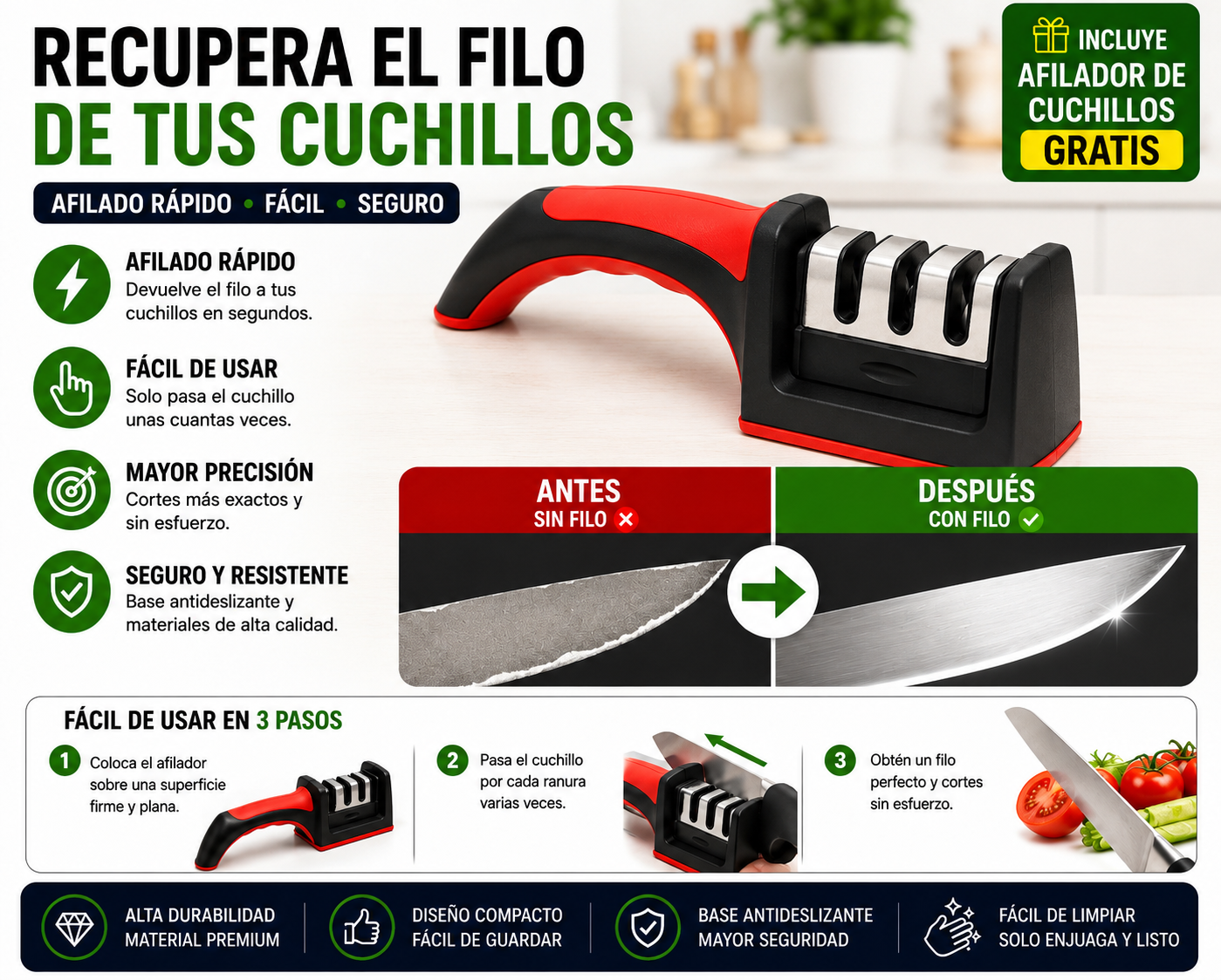 Kit Maestro de cocina 3 en 1 / Corta, deshilacha y afila en segundos